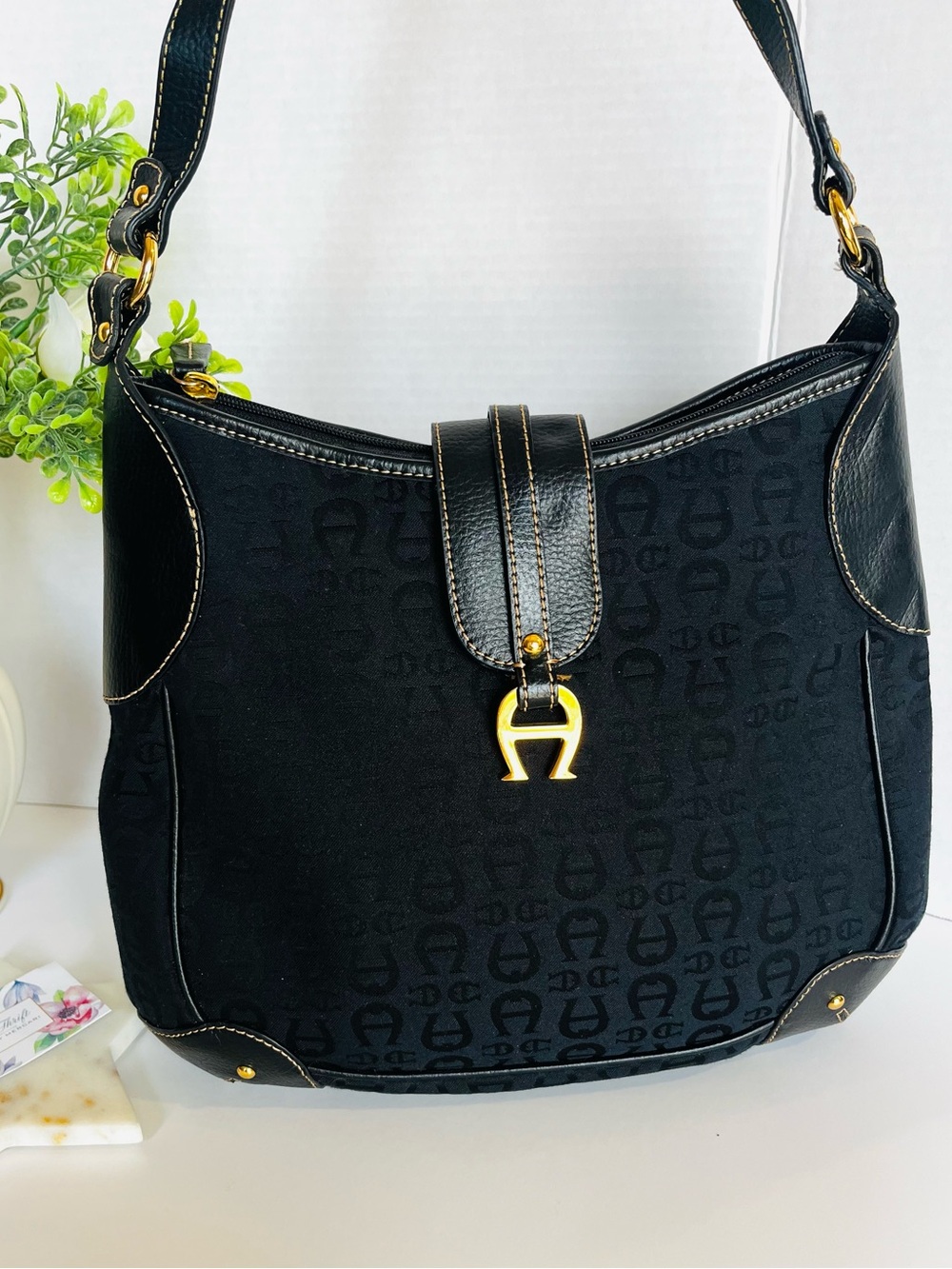 NEW ETIENNE AIGNER Purse Black Signature Gold-Tone Hardware Shoulder Bag